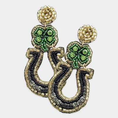 Fashnzfab Felt Back Stone Seed Beaded Clover Horseshoe Dangle Earrings In Black