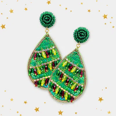 Fashnzfab Felt Back Teardrop Sequin Beaded Dangle Earrings In Green