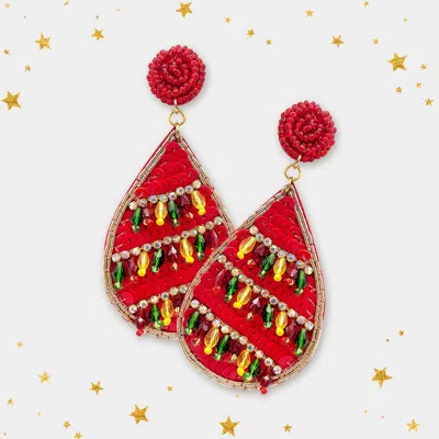 Fashnzfab Felt Back Teardrop Sequin Beaded Dangle Earrings In Red