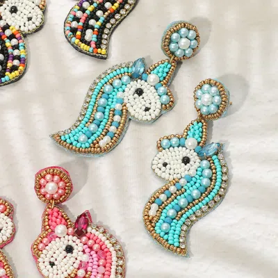 Fashnzfab Felt Back Unicorn Beaded Dangle Earrings In Blue