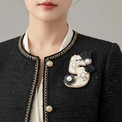 Fashnzfab Felt Back Vintage Inspired Pearl Bow Floral Crystal Embellished Number Five Pin Brooch In Gold