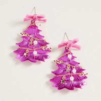 Fashnzfab Festive Bow Accent Christmas Tree Drop Dangle Earrings In Pink
