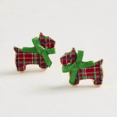 Fashnzfab Festive Bow Christmas Plaid Dog Stud Earrings In Gold