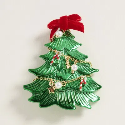 Fashnzfab Festive Bow Top Christmas Tree Pin Brooch In Green