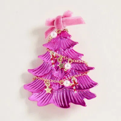 Fashnzfab Festive Bow Top Christmas Tree Pin Brooch In Pink