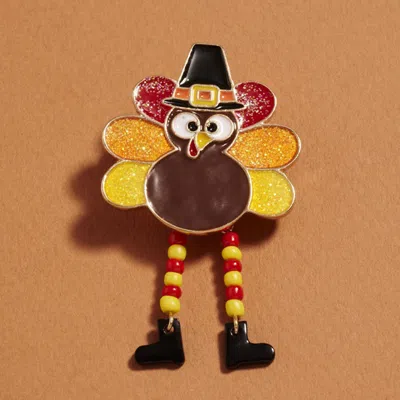 Fashnzfab Festive Glittered Thanksgiving Dangling Legs Turkey Pin Brooch In Black