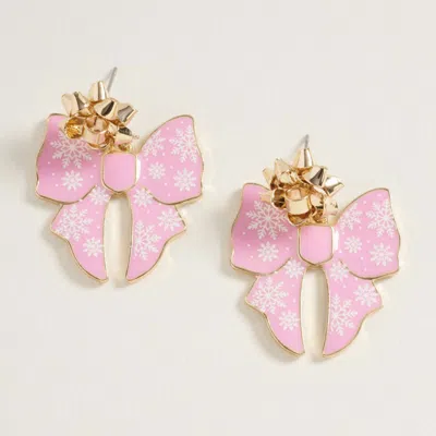 Fashnzfab Festive Holiday Bow Dangle Earrings - Gold, Pink