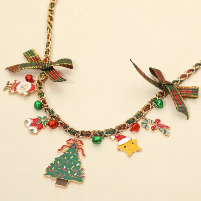 Fashnzfab Festive Holiday Charm Station Bow Accent Ribbon Chain Necklace In Gold