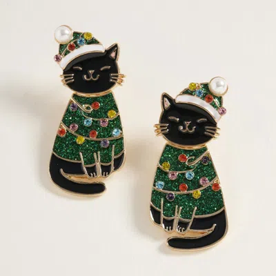 Fashnzfab Festive Holiday Santa Hat Black Cat Earrings In Green