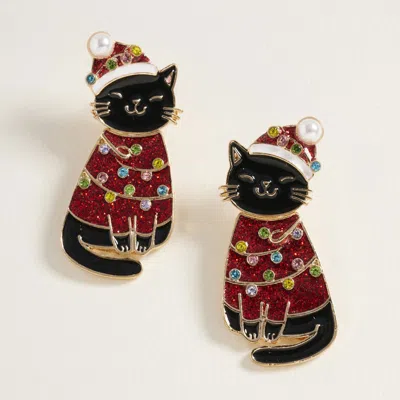 Fashnzfab Festive Holiday Santa Hat Black Cat Earrings In Red