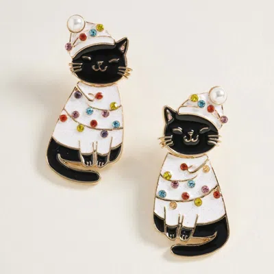 Fashnzfab Festive Holiday Santa Hat Black Cat Earrings In White