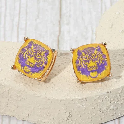 Fashnzfab Fierce Tiger Face Printed Game Day Cushion Square Stud Earrings In Yellow