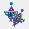 Fashnzfab Fiestas Message Felt Back Beaded Hat Dangle Earrings In Blue
