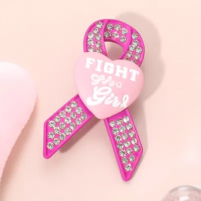 Fashnzfab Fight Like A Girl Heart Rhinestone Pave Pink Ribbon Pin Brooch