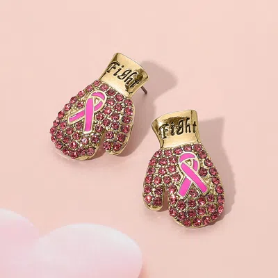 Fashnzfab Fight Message Stone Paved Pink Ribbon Boxing Glove Earrings In Gold