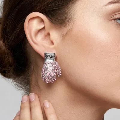 Fashnzfab Fight Message Stone Paved Pink Ribbon Boxing Glove Earrings Pink In Multi