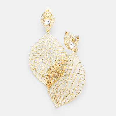 Fashnzfab Filigree Leaf Stone Accented Metal Clip On Earrings In Gold