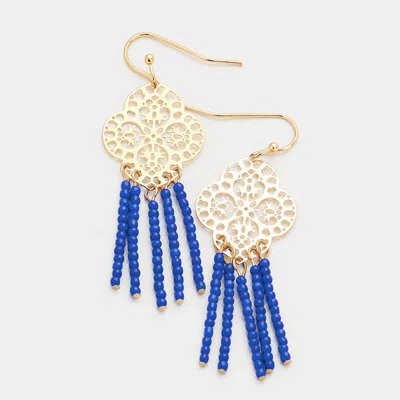 Fashnzfab Filigree Metal Quatrefoil Beaded Tassel Earrings In Gold