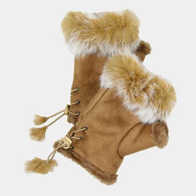 Fashnzfab Fingerless Fur Trim Gloves In Beige