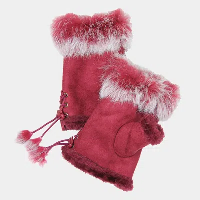 Fashnzfab Fingerless Fur Trim Gloves In Red
