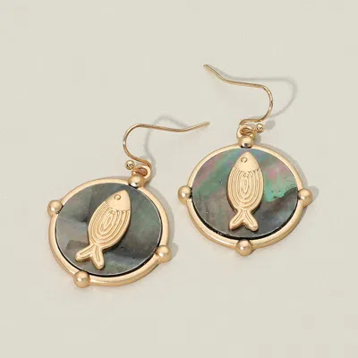 Fashnzfab Fish Motif Round Abalone Disc Drop Earrings In Multi