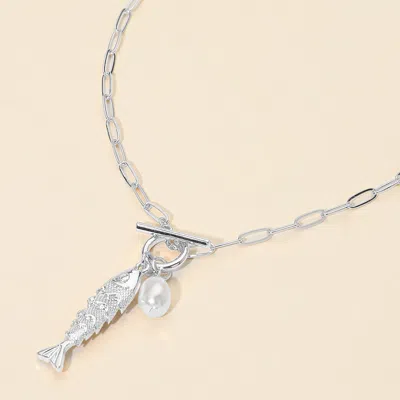 Fashnzfab Fish Pearl Toggle Charm Pendant Necklace - Rhodium In Multi