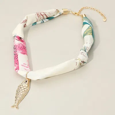 Fashnzfab Fish Pendant Accent Fabric Scarf Necklace - Gold, Green In Multi