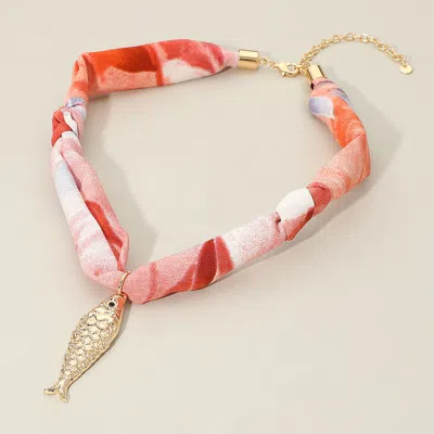 Fashnzfab Fish Pendant Accent Fabric Scarf Necklace - Gold, Pink In Multi