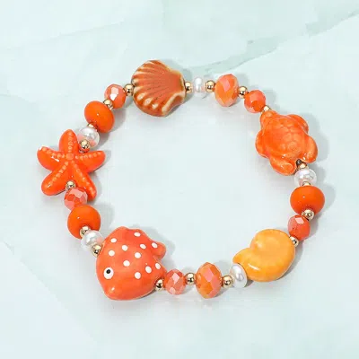 Fashnzfab Fish Shell Starfish Sea Turtle Pearl Faceted Beaded Stretch Bracelet In Orange