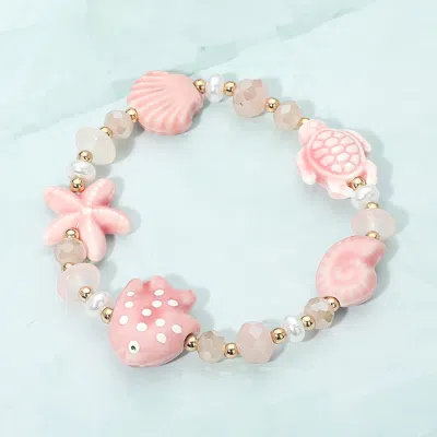 Fashnzfab Fish Shell Starfish Sea Turtle Pearl Faceted Beaded Stretch Bracelet In Pink