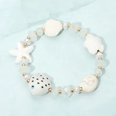 Fashnzfab Fish Shell Starfish Sea Turtle Pearl Faceted Beaded Stretch Bracelet In White