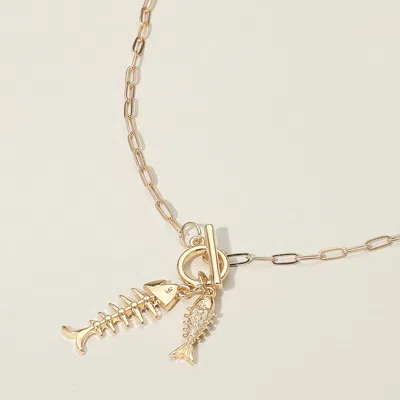 Fashnzfab Fishbone Charm Toggle Pendant Paper Clip Chain Necklace In Gold