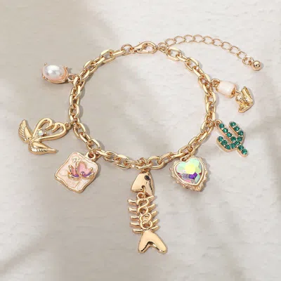 Fashnzfab Fishbone Heart Cactus Pearl Flower Charm Station Bracelet In Gold