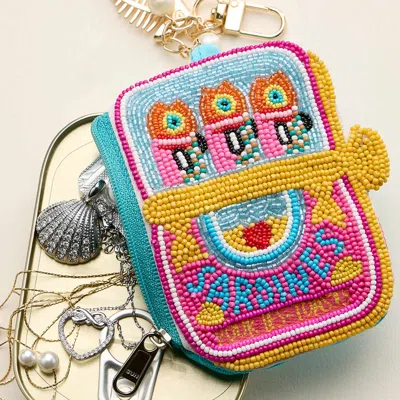 Fashnzfab Fishbone Pearl Charm Keychain Sardine Can Seed Beaded Mini Pouch Bag In Blue
