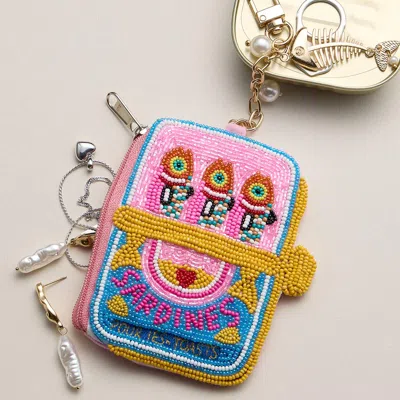 Fashnzfab Fishbone Pearl Charm Keychain Sardine Can Seed Beaded Mini Pouch Bag In Blue