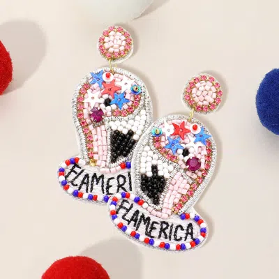 Fashnzfab Flamerica Message Felt Back American Usa Flag Multi Beaded Flamingo Dangle Earrings
