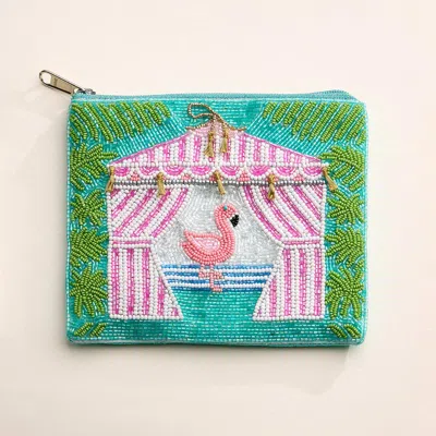 Fashnzfab Flamingo Cabana Palm Seed Beaded Mini Pouch Bag In Multi