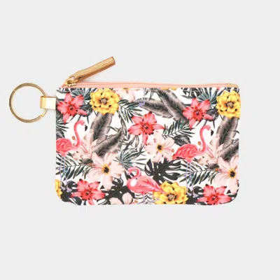 Fashnzfab Flamingo Flower Patterned Id Wallet Detachable Lanyard In Pink