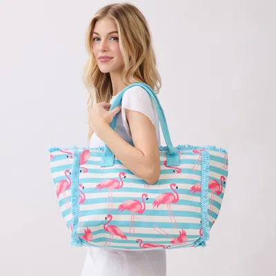 Fashnzfab Flamingo Pattern Stripe Fringe Trim Shoulder Tote Bag In Blue