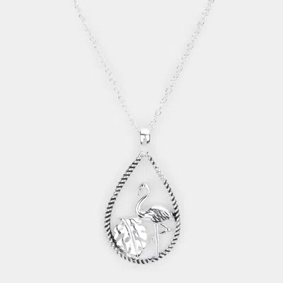Fashnzfab Flamingo Tropical Leaf Accented Open Teardrop Pendant Necklace In Metallic