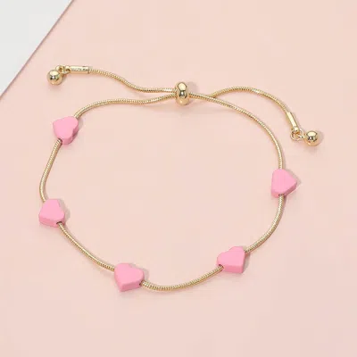 Fashnzfab Flat Heart Charm Station Adjustable Cinch Pull Tie Bracelet In Pink