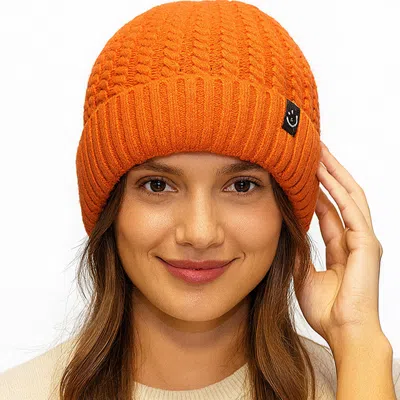 Fashnzfab Fleece-lined Ribbed Knit Winter Beanie Hat In Orange
