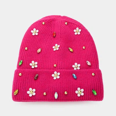 Fashnzfab Fleece Lining Daisy Flower Stone Embellished Solid Knit Beanie Hat In Pink