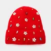 Fashnzfab Fleece Lining Daisy Flower Stone Embellished Solid Knit Beanie Hat In Red