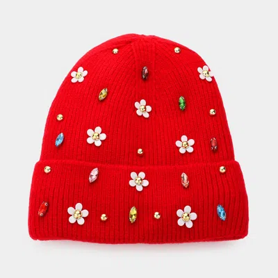 Fashnzfab Fleece Lining Daisy Flower Stone Embellished Solid Knit Beanie Hat In Red