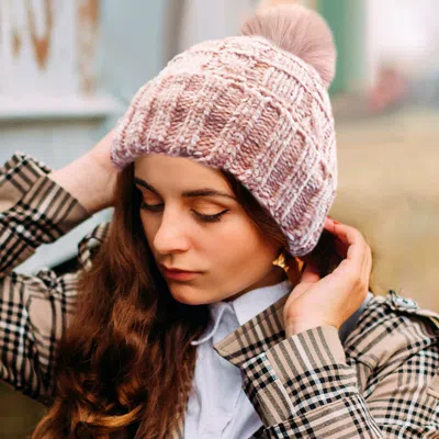 Fashnzfab Fleece Lining Mixed Color Knit Faux Fur Pom Pom Beanie Hat In Pink