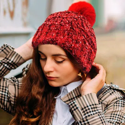 Fashnzfab Fleece Lining Mixed Color Knit Faux Fur Pom Pom Beanie Hat In Red