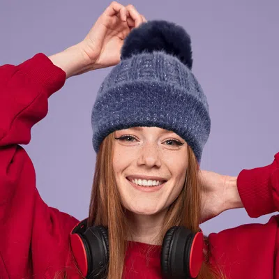 Fashnzfab Fleece Lining Pom Pom Beanie Hat In Blue