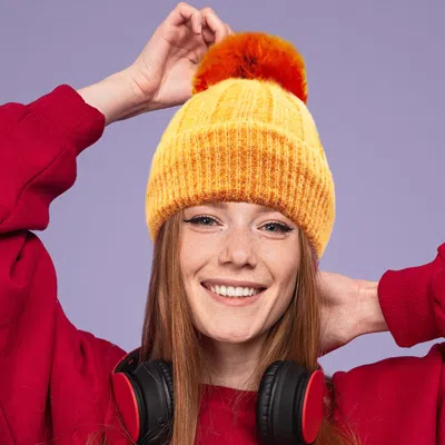 Fashnzfab Fleece Lining Pom Pom Beanie Hat In Orange