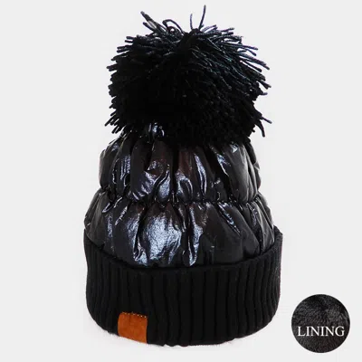 Fashnzfab Fleece Lining Puffer Knit Pom Pom Beanie Hat In Black